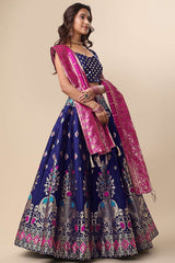 Navy Blue Jacquard Woven Lehenga Choli