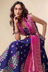 Navy Blue Jacquard Woven Lehenga Choli