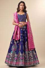 Navy Blue Jacquard Woven Lehenga Choli