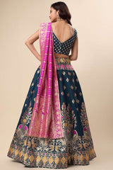 Teal Jacquard Woven Lehenga Choli