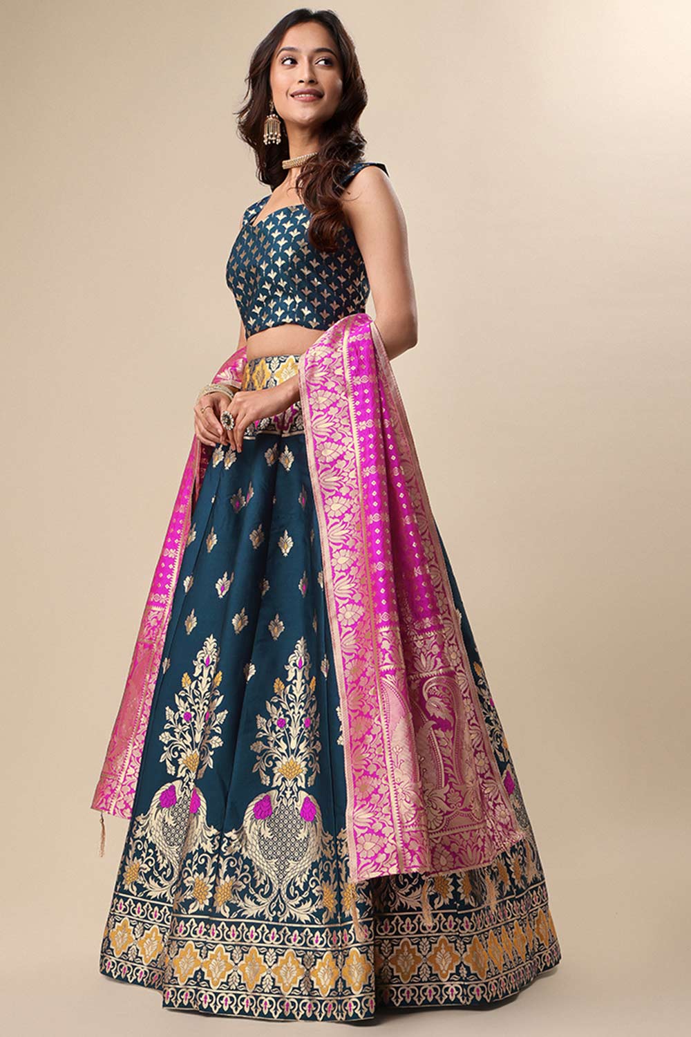 Teal Jacquard Woven Lehenga Choli