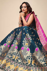 Teal Jacquard Woven Lehenga Choli