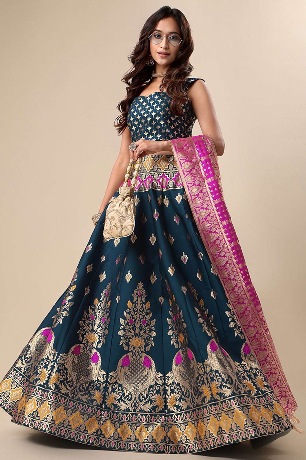 Teal Jacquard Woven Lehenga Choli