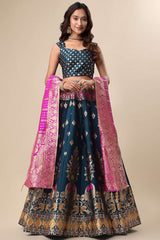 Teal Jacquard Woven Lehenga Choli