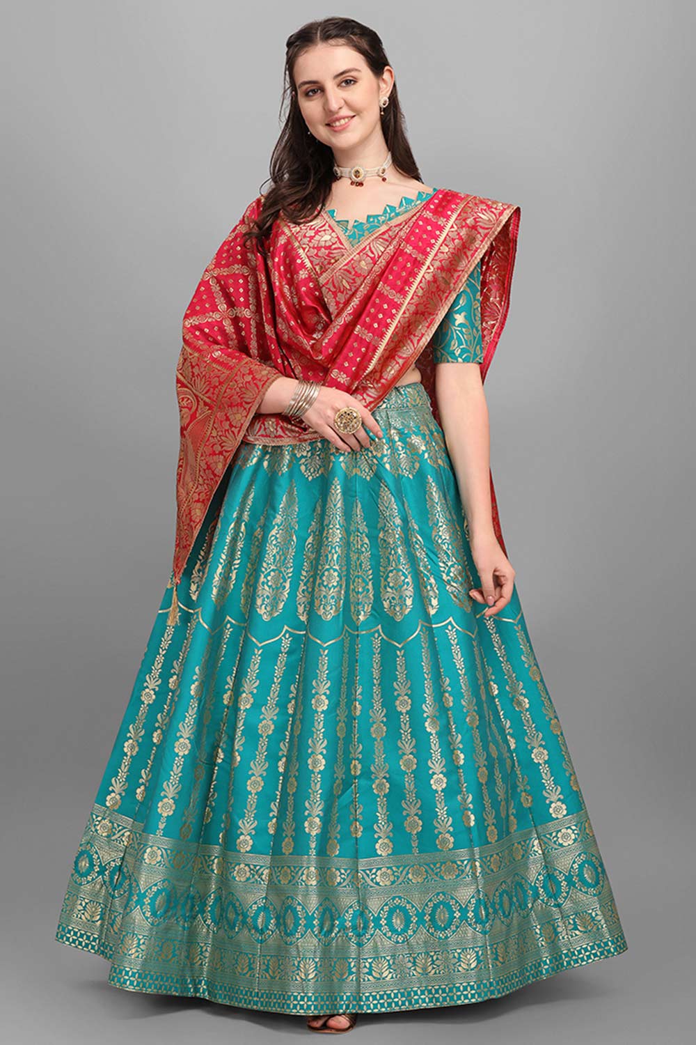 Turquoise Jacquard Woven Lehenga Choli