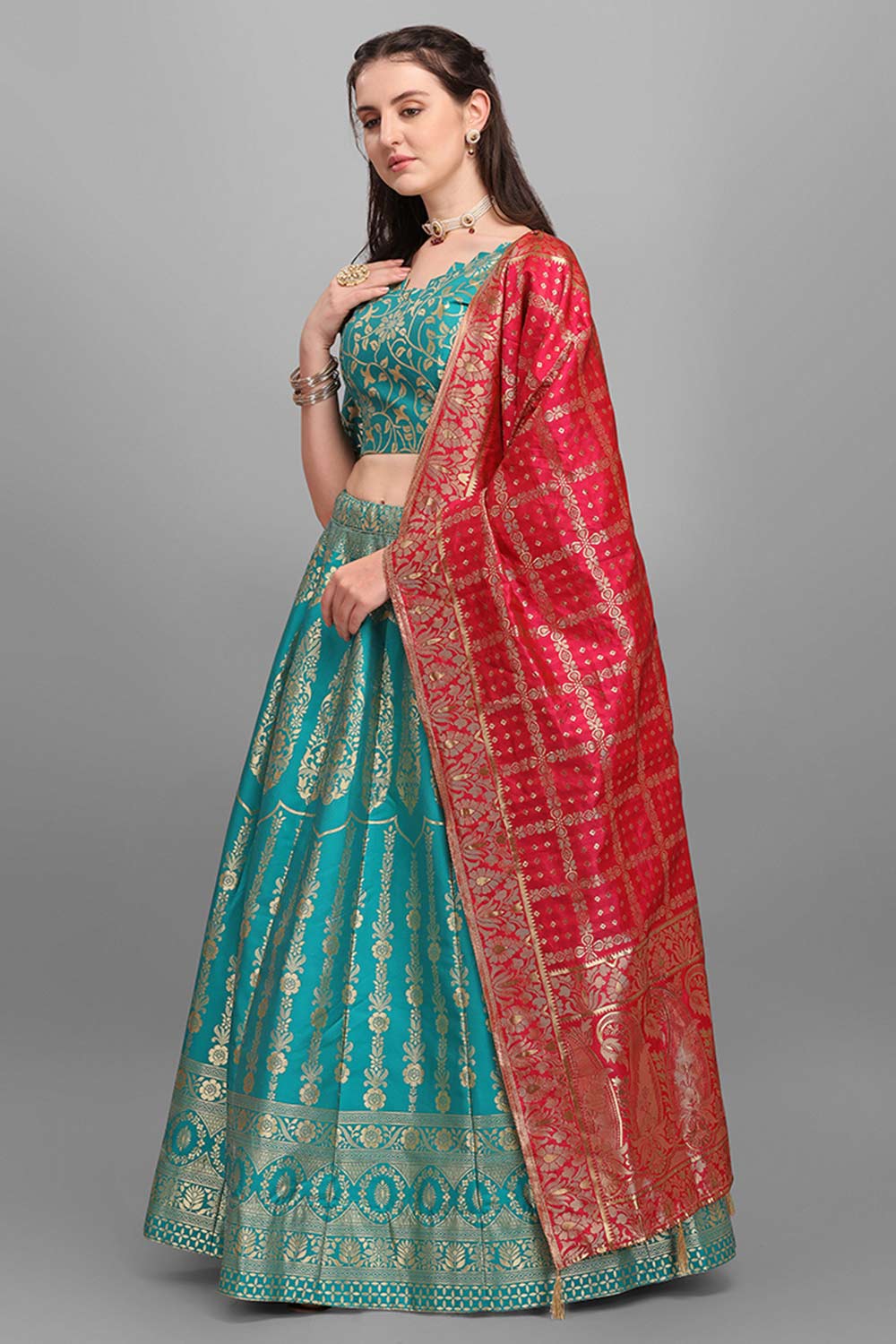 Turquoise Jacquard Woven Lehenga Choli