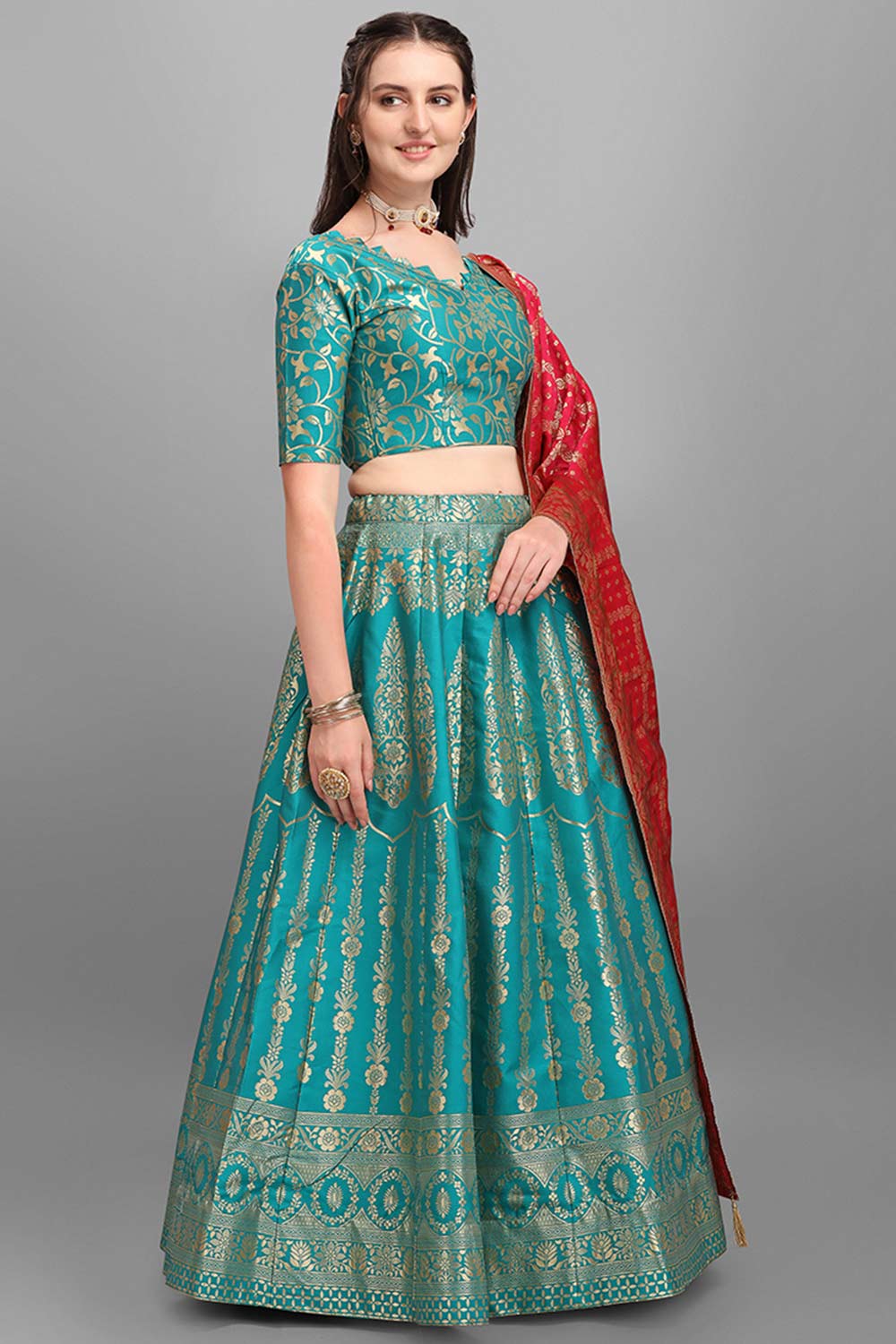 Turquoise Jacquard Woven Lehenga Choli