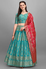 Turquoise Jacquard Woven Lehenga Choli