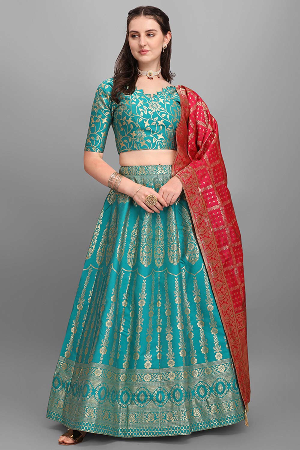 Turquoise Jacquard Woven Lehenga Choli