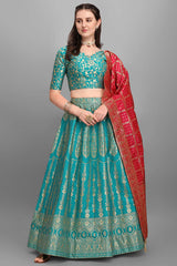 Turquoise Jacquard Woven Lehenga Choli