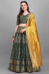 Dark Green Jacquard Woven Lehenga Choli