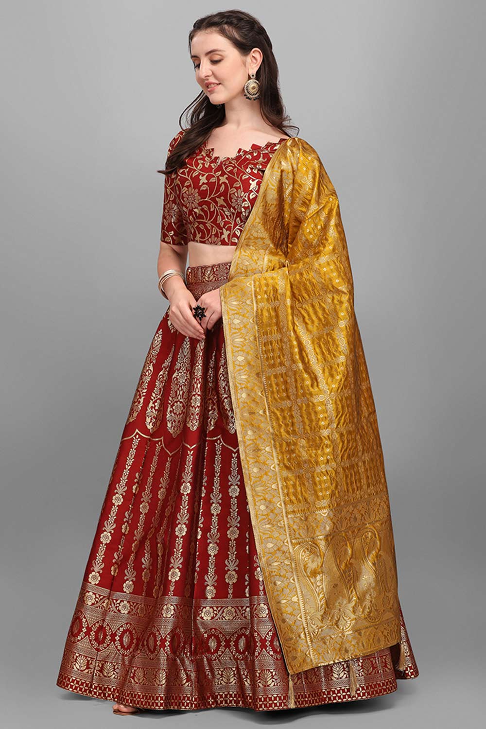 Maroon Jacquard Woven Lehenga Choli