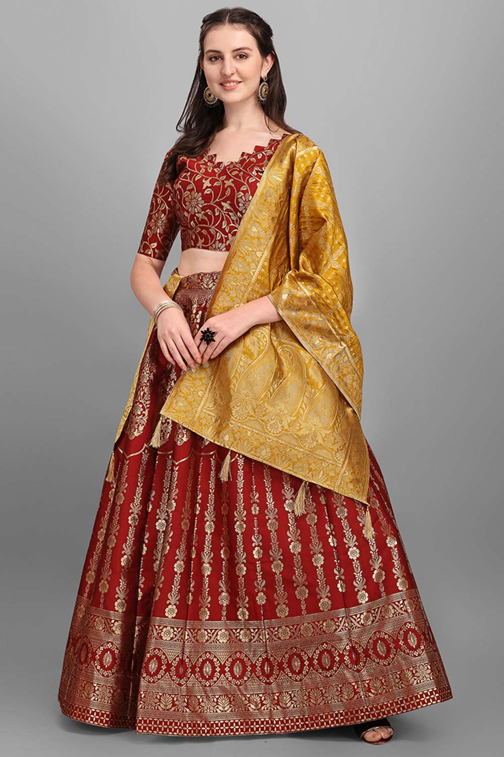 Maroon Jacquard Woven Lehenga Choli