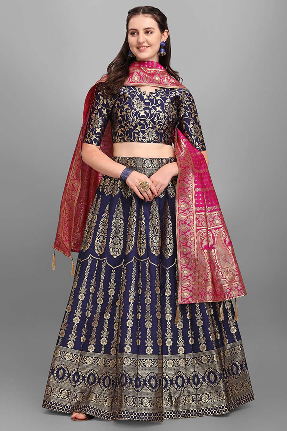 Navy Blue Jacquard Woven Lehenga Choli