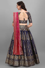 Navy Blue Jacquard Woven Lehenga Choli