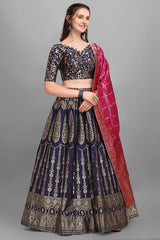 Navy Blue Jacquard Woven Lehenga Choli