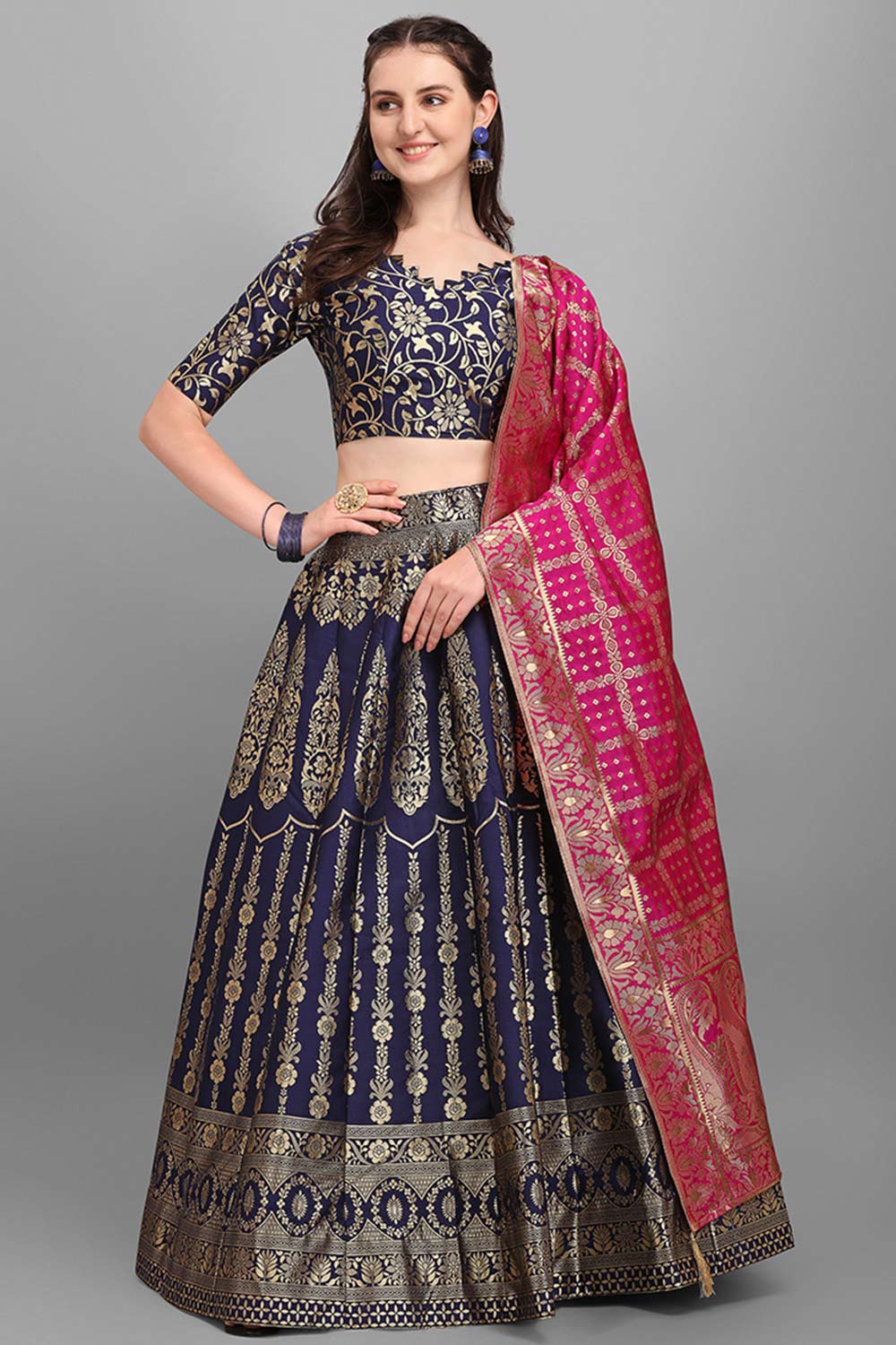 Navy Blue Jacquard Woven Lehenga Choli