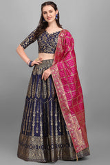 Navy Blue Jacquard Woven Lehenga Choli