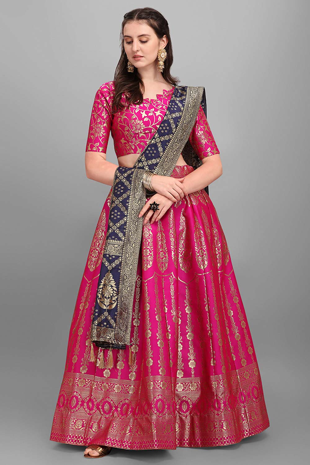 Rani Pink Jacquard Woven Lehenga Choli