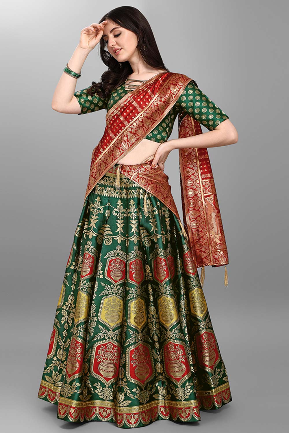 Dark Green Jacquard Woven Lehenga Choli