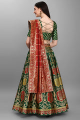 Dark Green Jacquard Woven Lehenga Choli