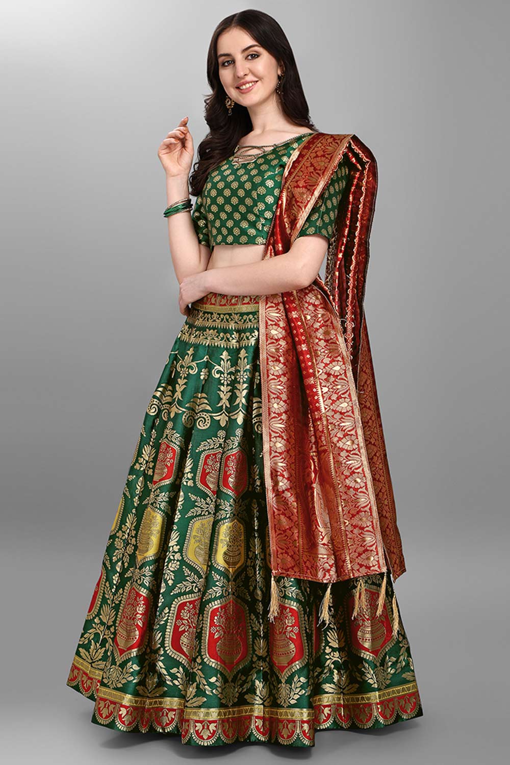 Dark Green Jacquard Woven Lehenga Choli