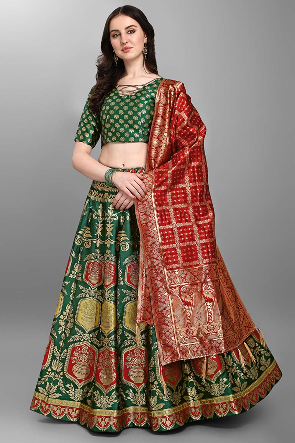 Dark Green Jacquard Woven Lehenga Choli