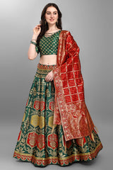 Dark Green Jacquard Woven Lehenga Choli