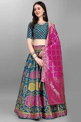 Turquoise Jacquard Woven Lehenga Choli