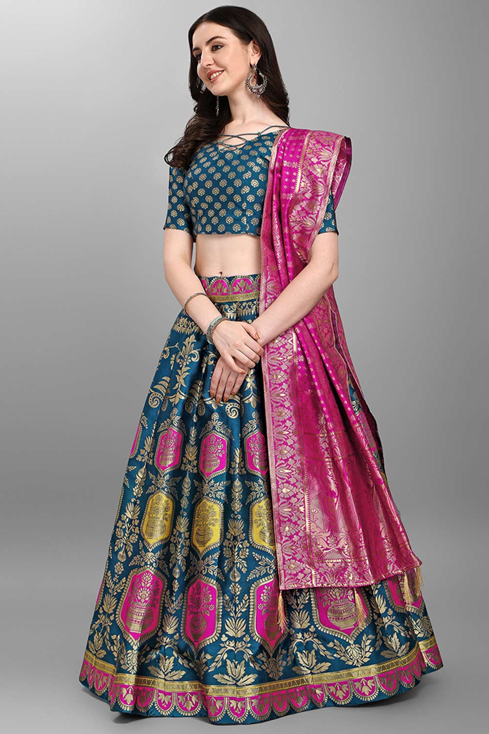 Turquoise Jacquard Woven Lehenga Choli