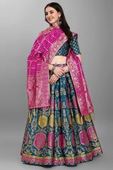 Turquoise Jacquard Woven Lehenga Choli