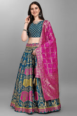 Turquoise Jacquard Woven Lehenga Choli