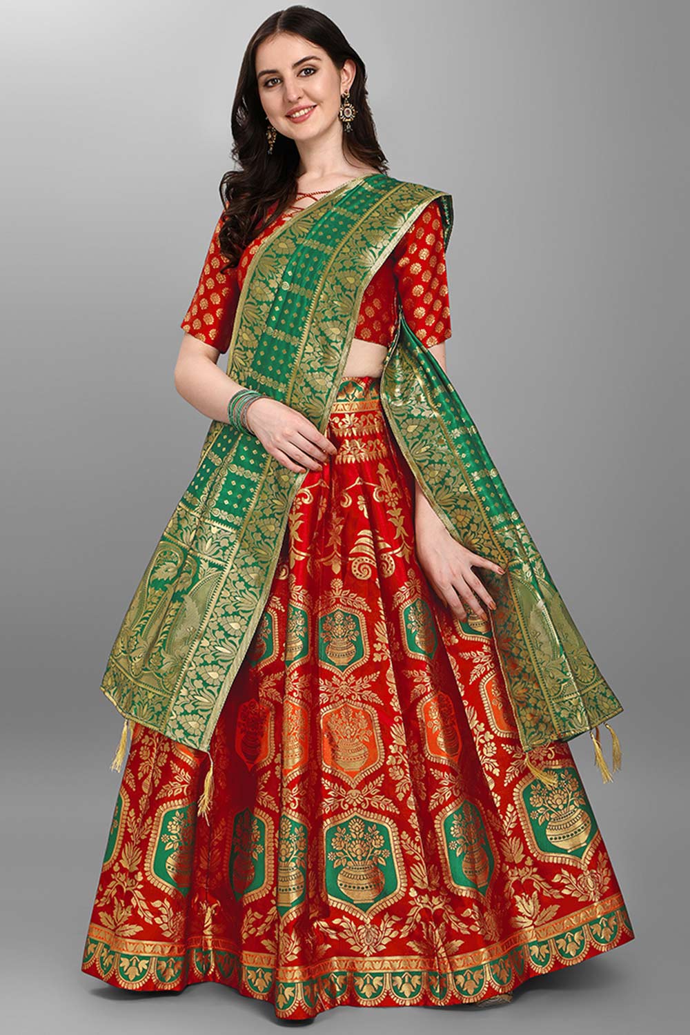 Red Jacquard Woven Lehenga Choli