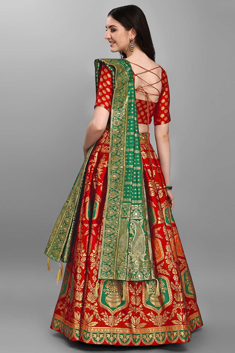 Red Jacquard Woven Lehenga Choli