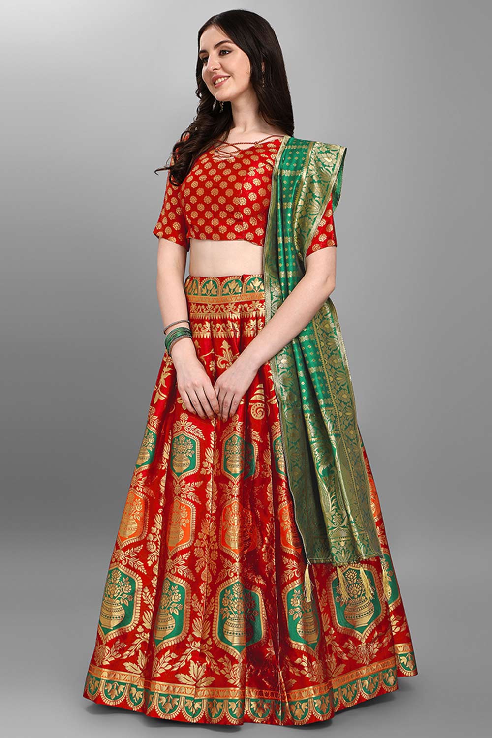 Red Jacquard Woven Lehenga Choli