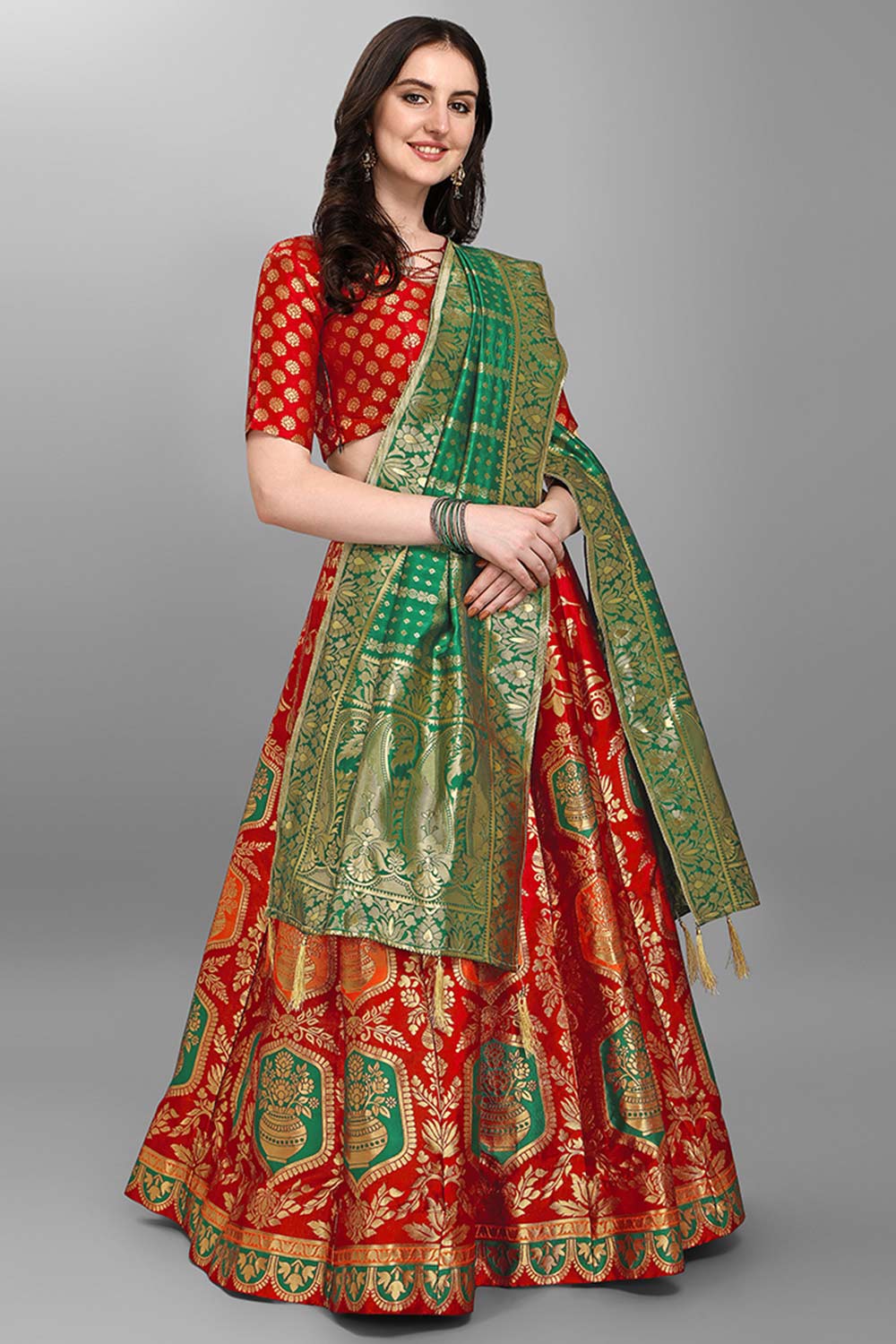 Red Jacquard Woven Lehenga Choli