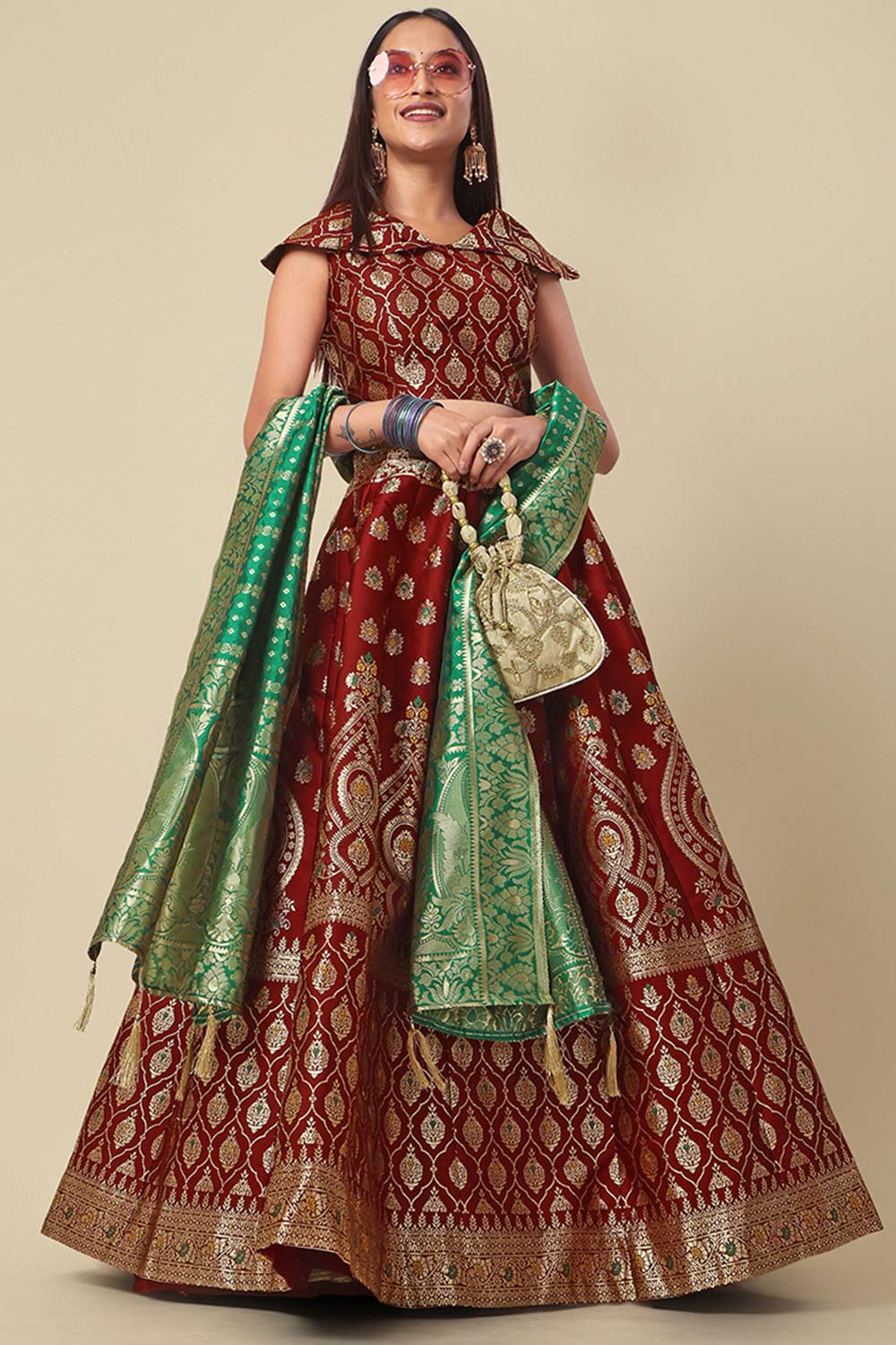 Maroon Jacquard Woven Lehenga Choli