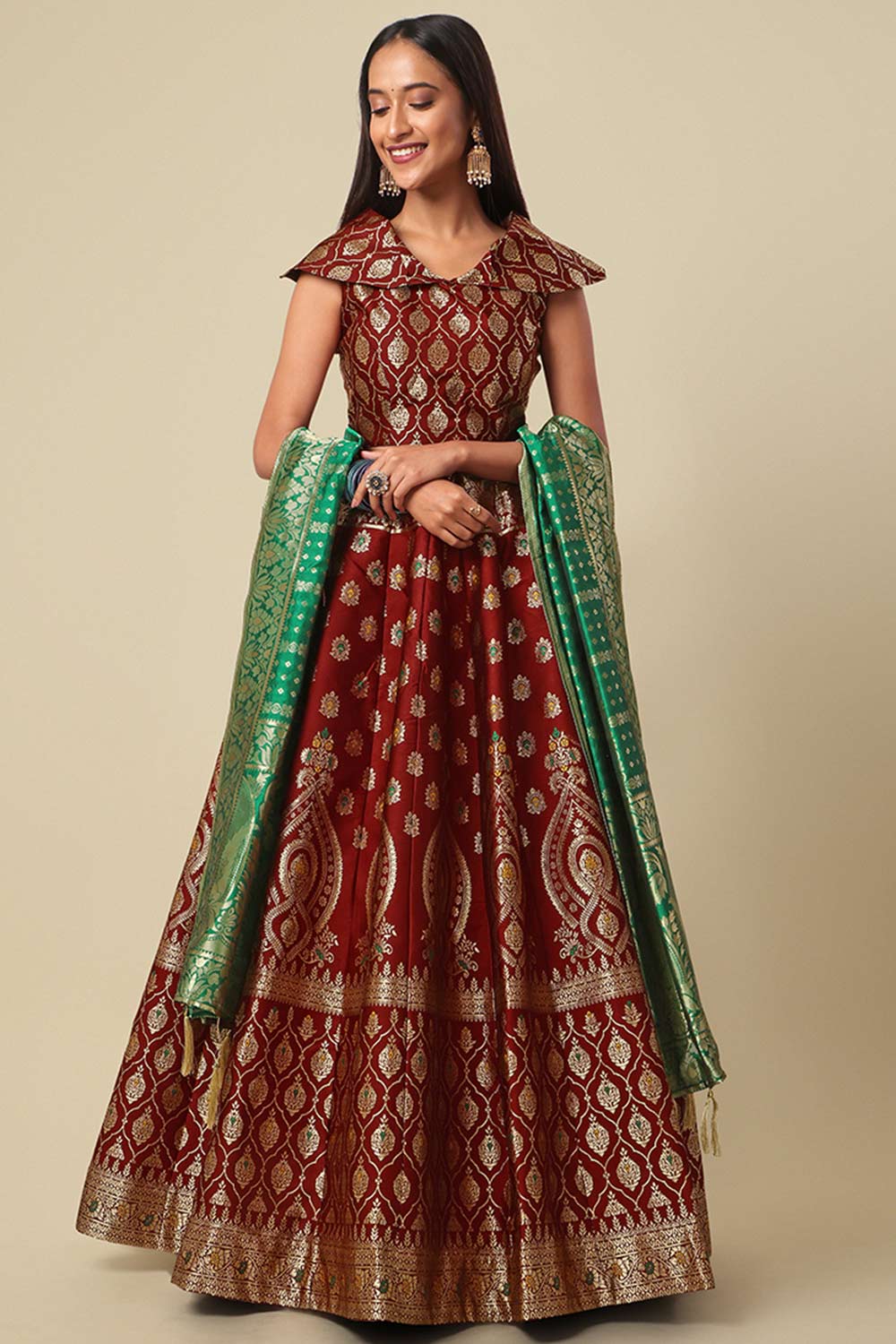 Maroon Jacquard Woven Lehenga Choli