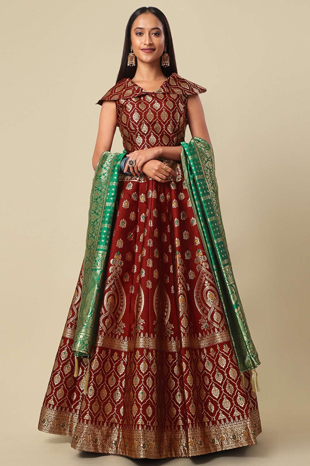 Maroon Jacquard Woven Lehenga Choli