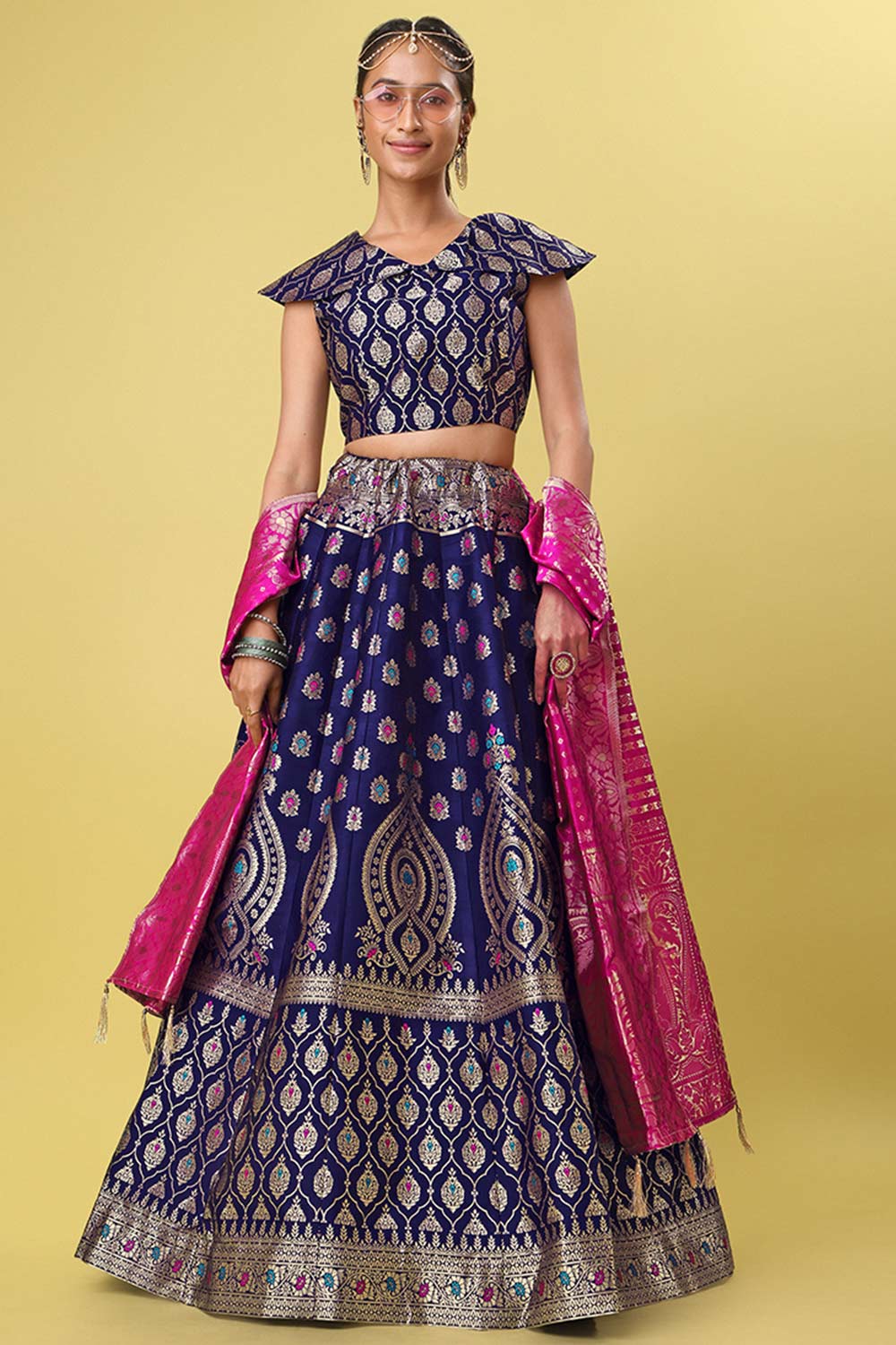 Navy Blue Jacquard Woven Lehenga Choli