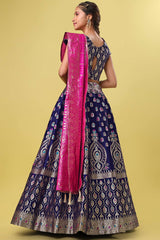 Navy Blue Jacquard Woven Lehenga Choli