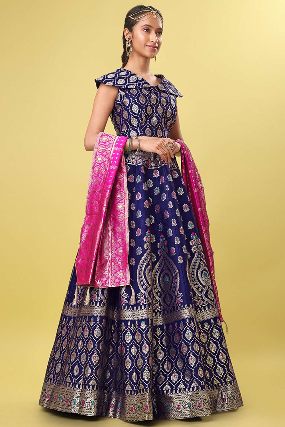 Navy Blue Jacquard Woven Lehenga Choli