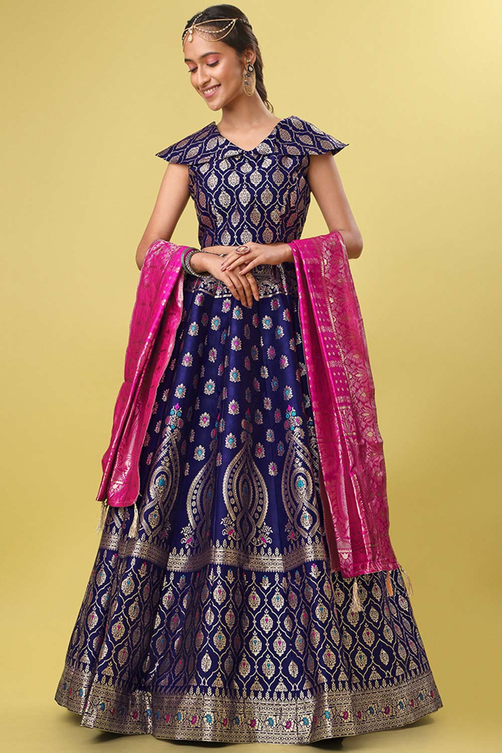 Navy Blue Jacquard Woven Lehenga Choli