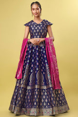 Navy Blue Jacquard Woven Lehenga Choli