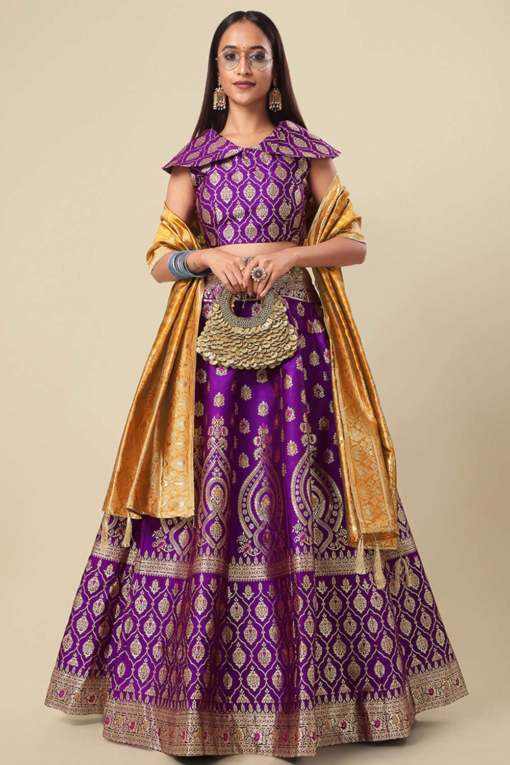 Purple Jacquard Woven Lehenga Choli