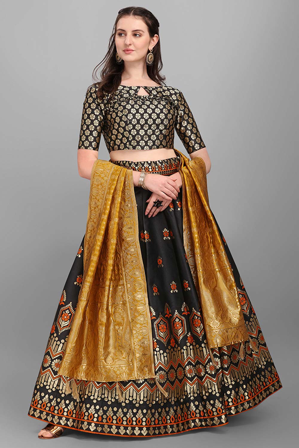 Black Jacquard Woven Lehenga Choli