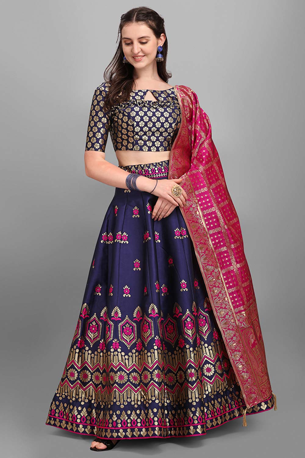 Navy Blue Jacquard Woven Lehenga Choli