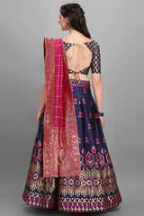 Navy Blue Jacquard Woven Lehenga Choli