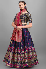 Navy Blue Jacquard Woven Lehenga Choli