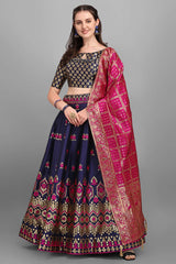 Navy Blue Jacquard Woven Lehenga Choli